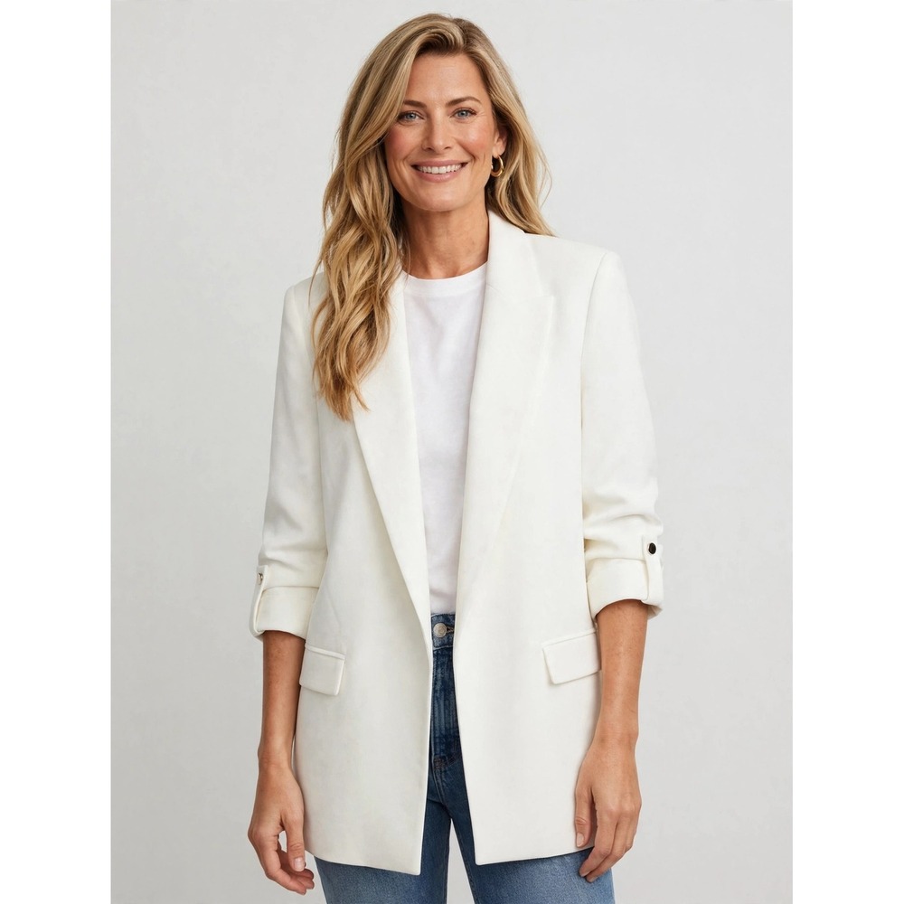 ZARA White Blazer Women's M Tailored Longline Ruched Sleeve Stretch